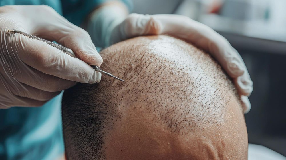 Specialist examining hair roots and scalp condition during a hair health consultation.
