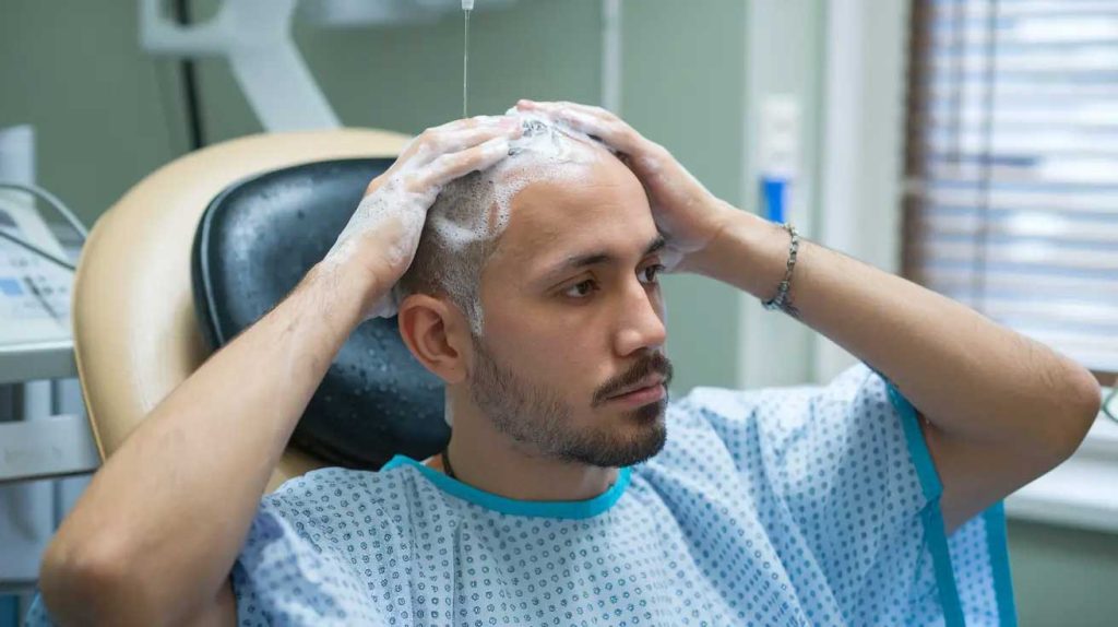 Patient washing hair carefully after a hair transplant while following proper aftercare instructions.